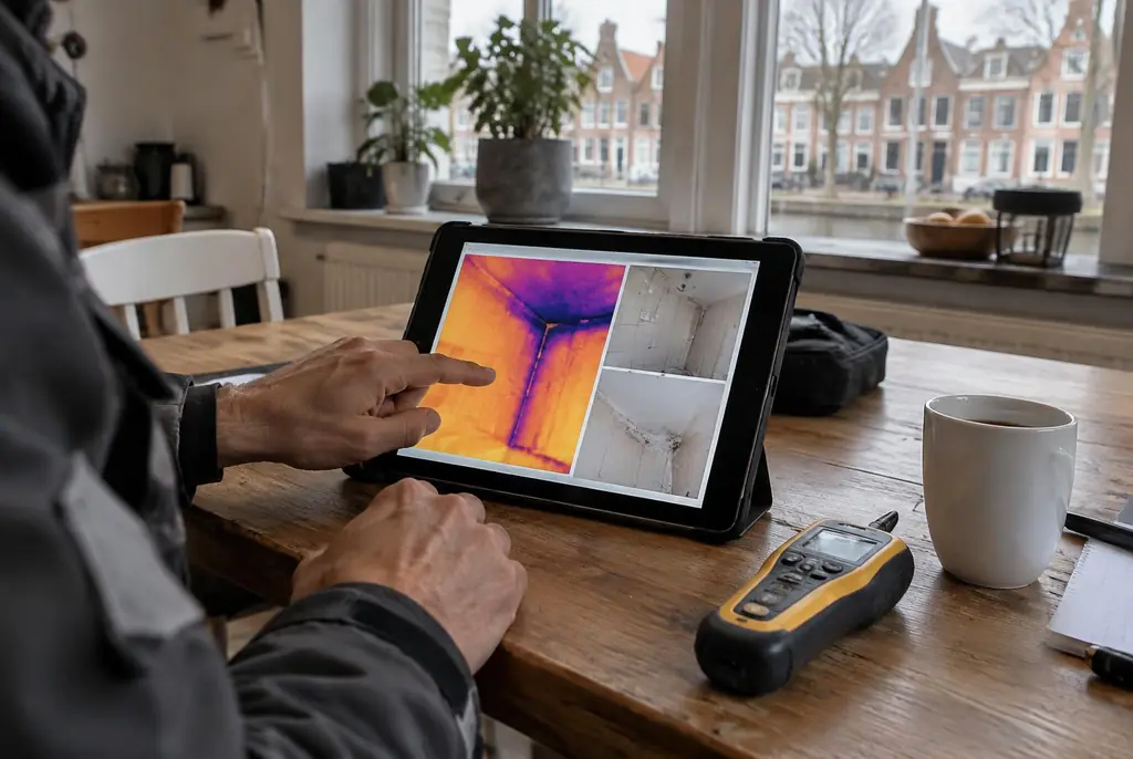 Lekdetectie Weesp – lekdetectierapport met warmtebeelden en foto's op een tablet