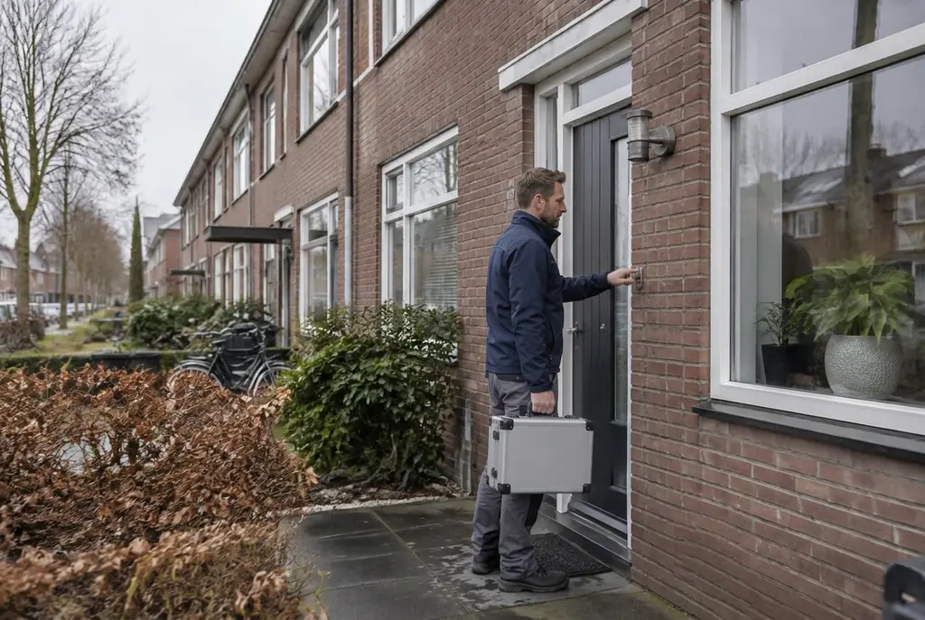 Lekdetectiespecialist met meetkoffer bij de voordeur van een woning in Weesp